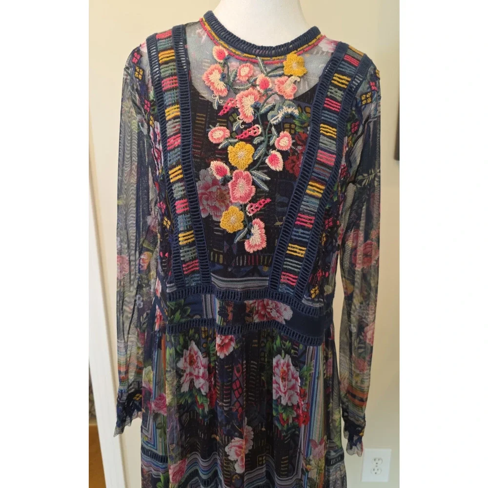 Biya Johnny Was Dayana Mesh Maxi Dress Embroidered Floral Patchwork Slip M Boho